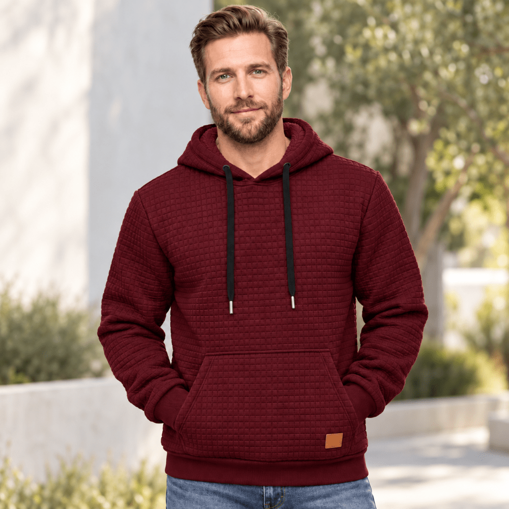 TACVASEN Wine Red Men's Small Square Texture Hooded Pullover Shirt