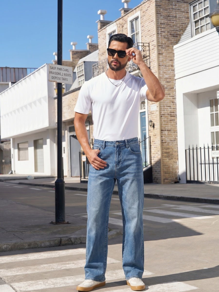 TACVASEN Medium Blue Men's Straight Fit Jeans With Secure Storage