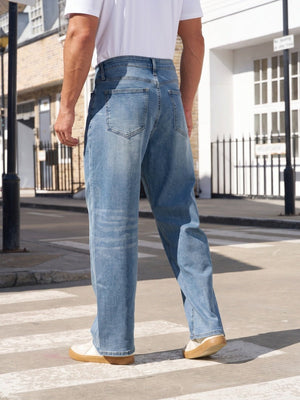 TACVASEN Medium Blue Men's Straight Fit Jeans With Secure Storage
