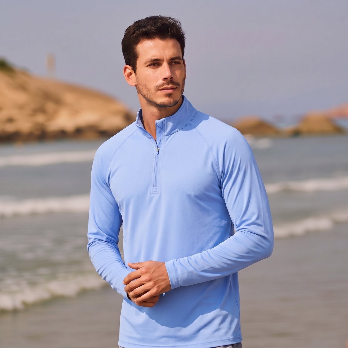 TACVASEN Light Blue Men's Sun Protection Quick Dry Stand Collar UV Shirts