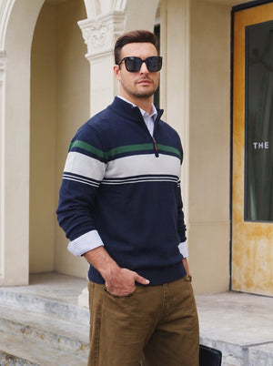 TACVASEN Navy Light Grey Men's Sweaters 1/4 Zip Cotton Sweater