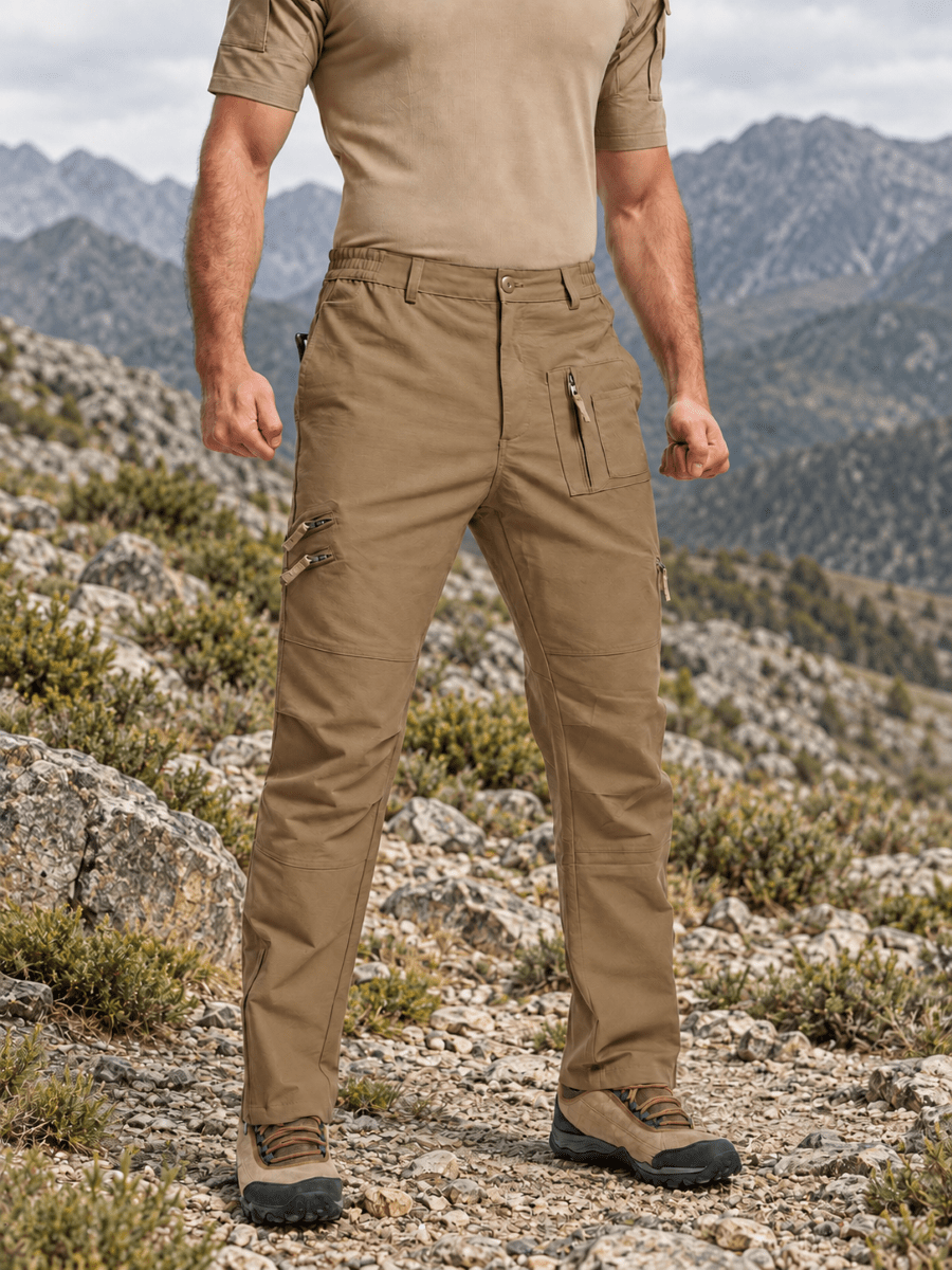 Close outdoor view of TACVASEN ripstop cargo pant pockets and knee panels