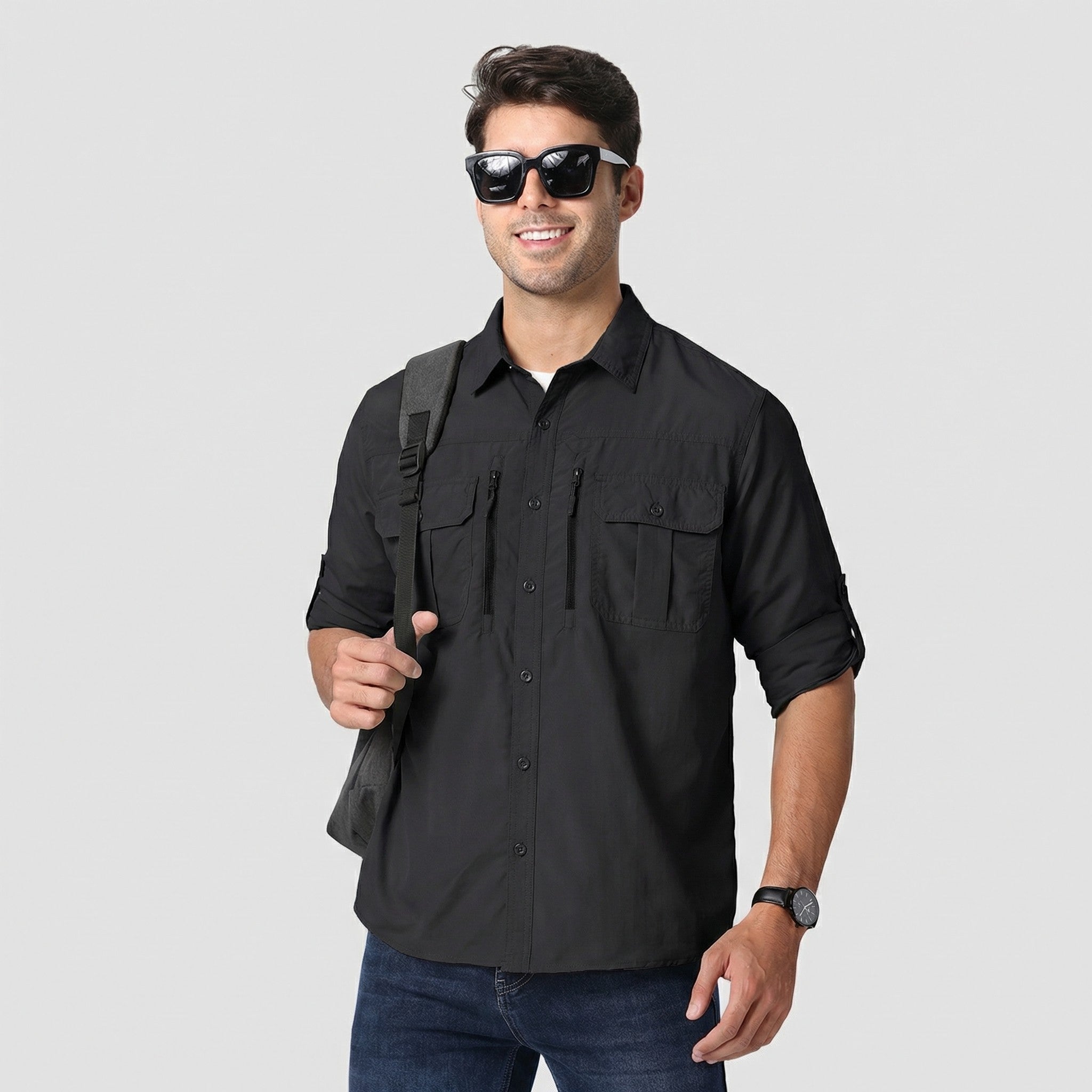 TACVASEN Black Men's Tactical UPF Sun Protection Long Sleeve Shirt