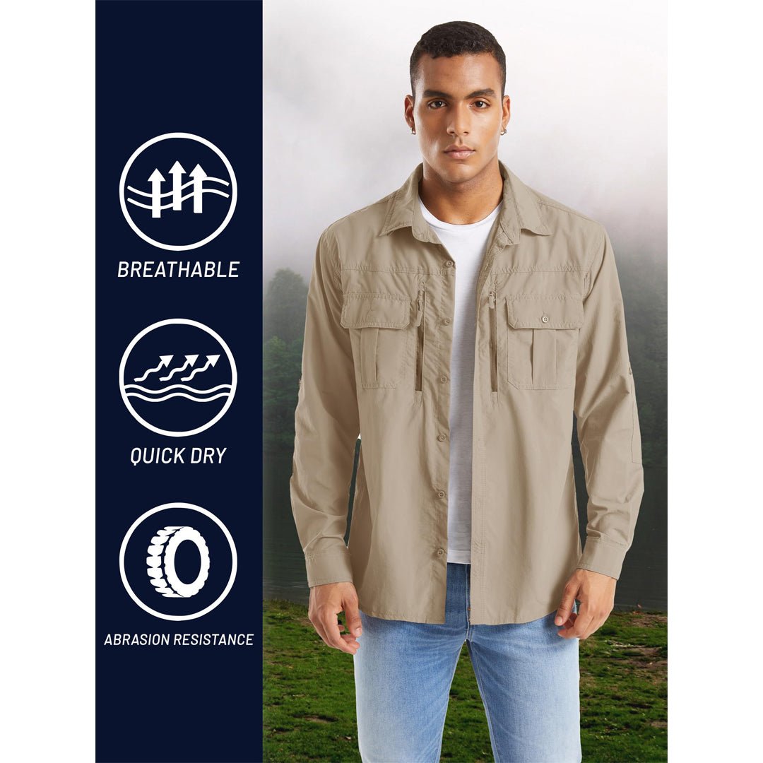TACVASEN Khaki Men's Tactical UPF Sun Protection Long Sleeve Shirt