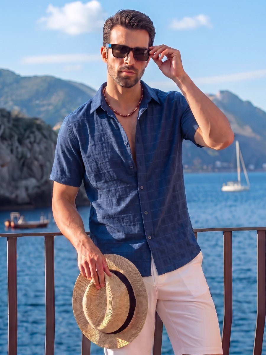 TACVASEN Navy Men's Textured Casual Button Down Short Sleeve