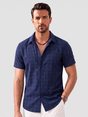 TACVASEN Navy Men's Textured Casual Button Down Short Sleeve