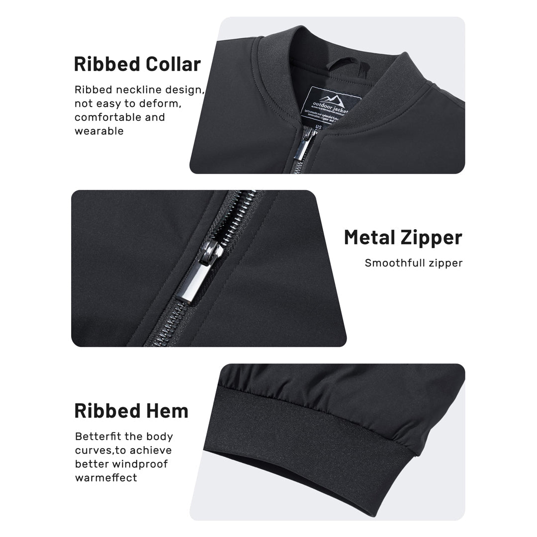 TACVASEN Black Thermal Quilted Waterproof Bomber Jacket