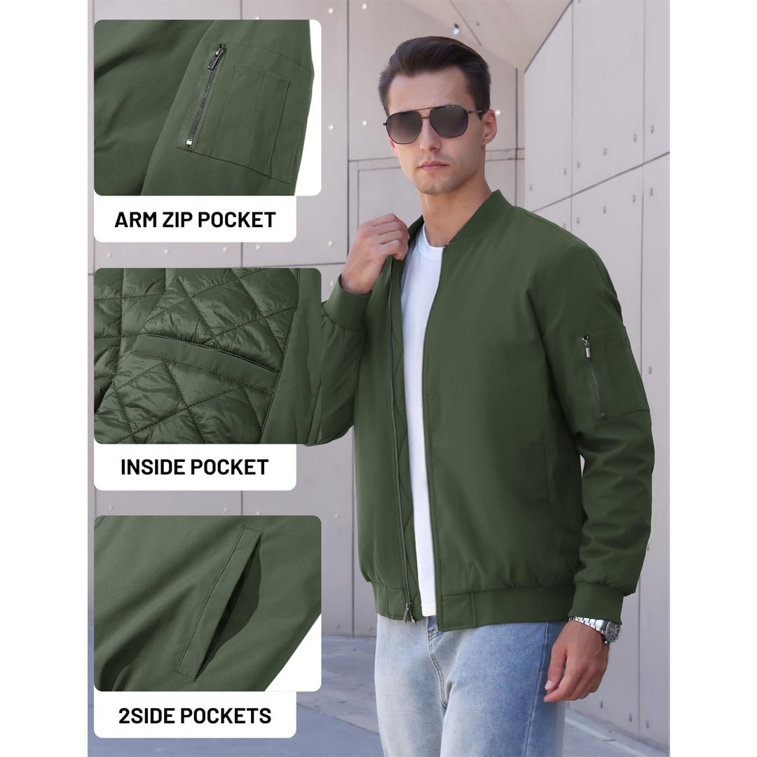 TACVASEN Army Green Thermal Quilted Waterproof Bomber Jacket