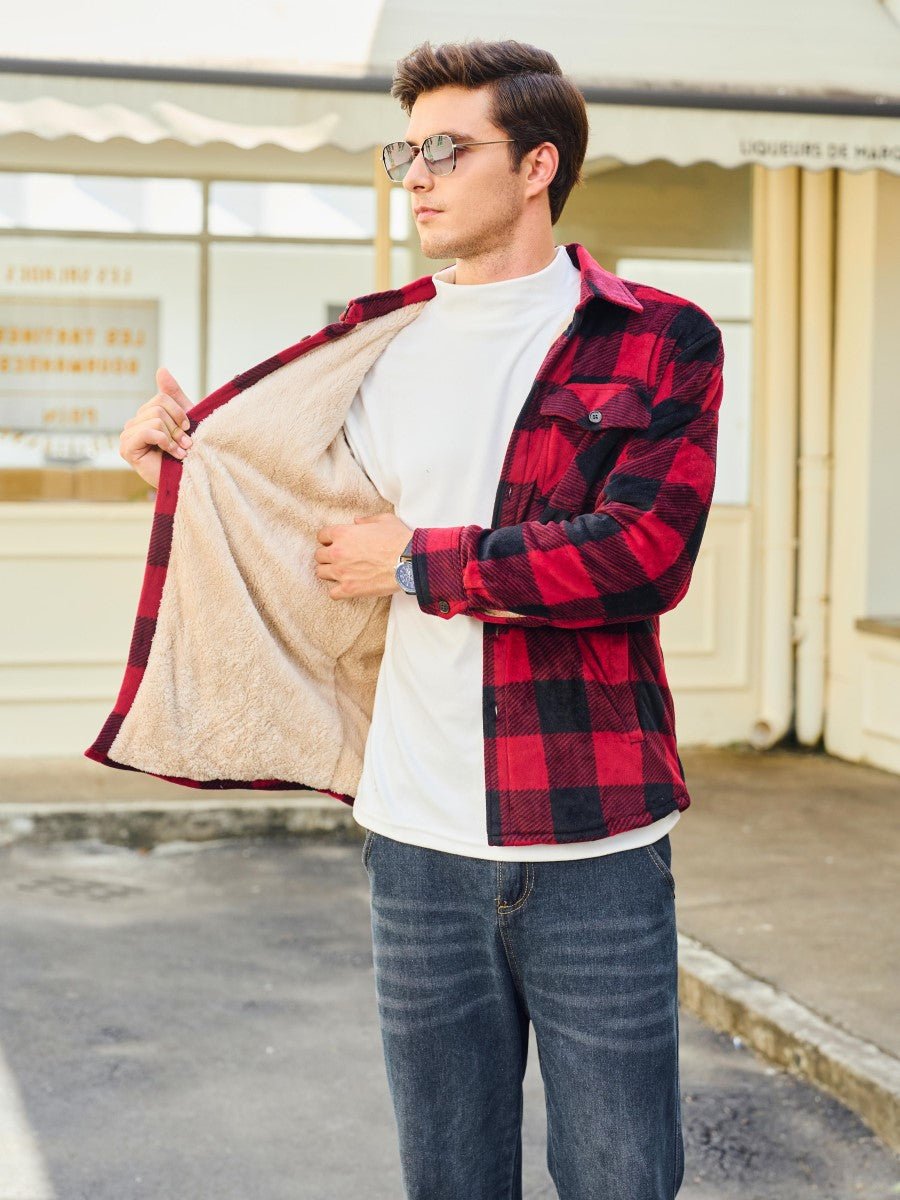 TACVASEN Black Red Men's Thick Button Down Flannel Jacket