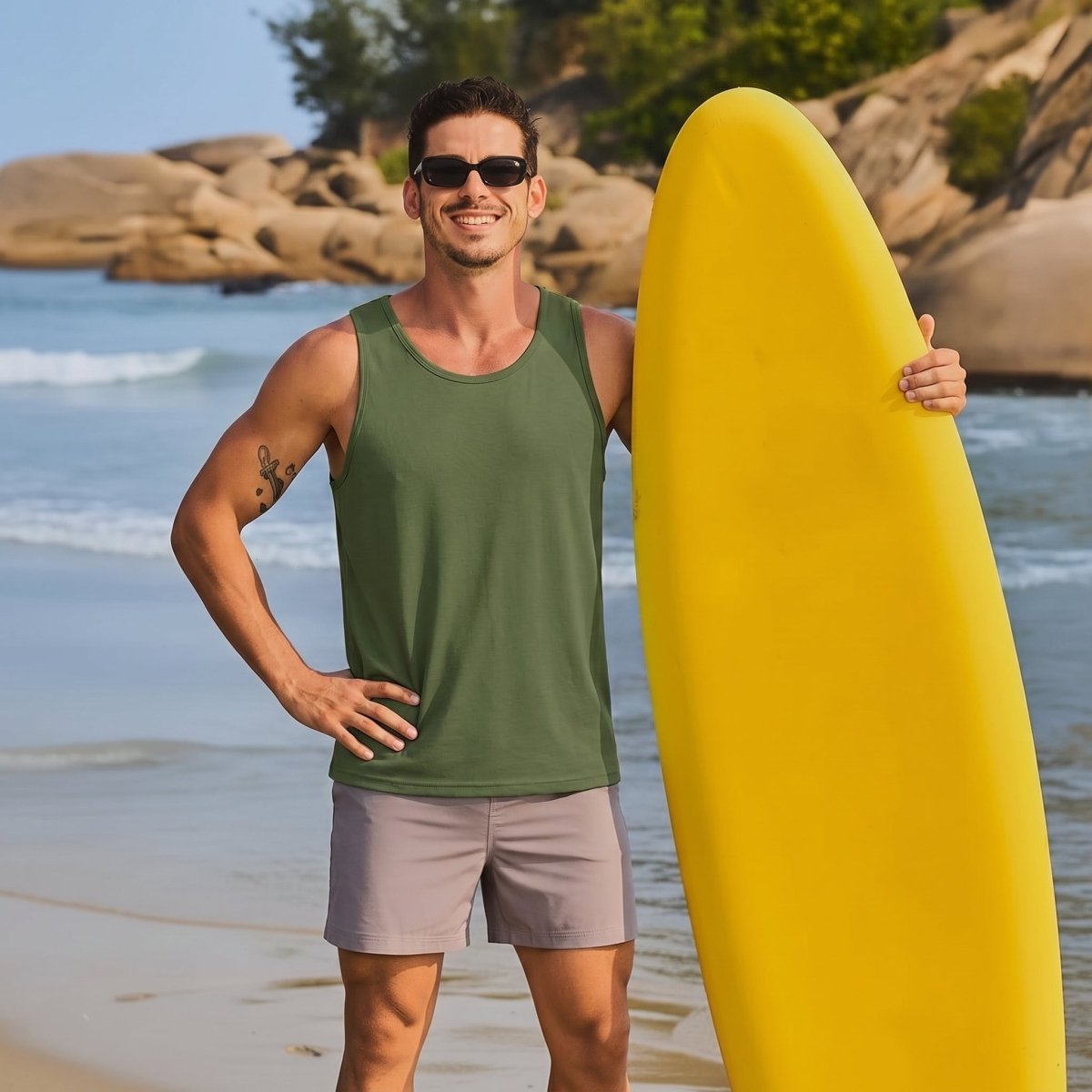 TACVASEN Army Green Men's UPF 50+ Quick Dry Workout & Gym Tank Top