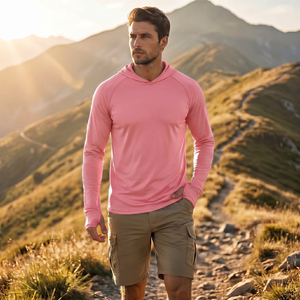 TACVASEN Grey Pink Men's UPF 50+ Sun Protective Athletic Rash Guard Shirts