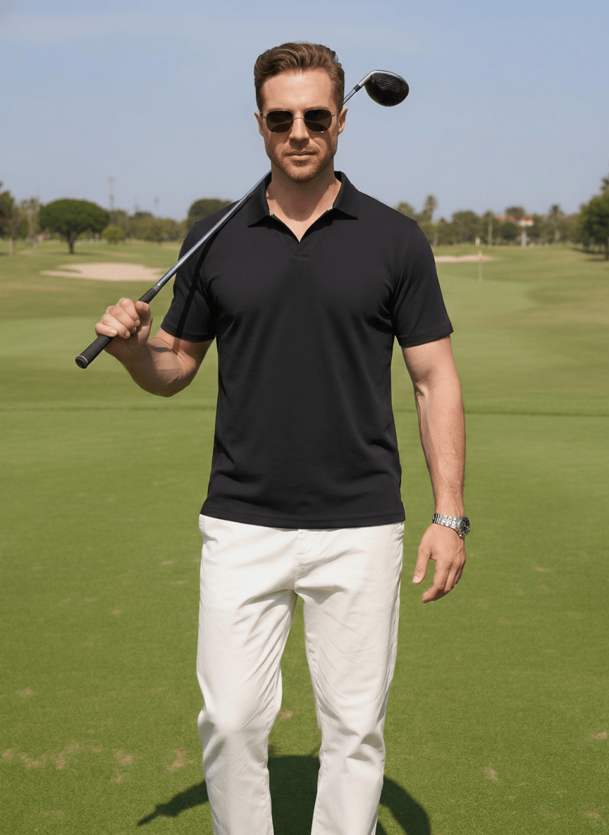 TACVASEN Black Men's V Neck Short Sleeve Knitted Golf T Shirts