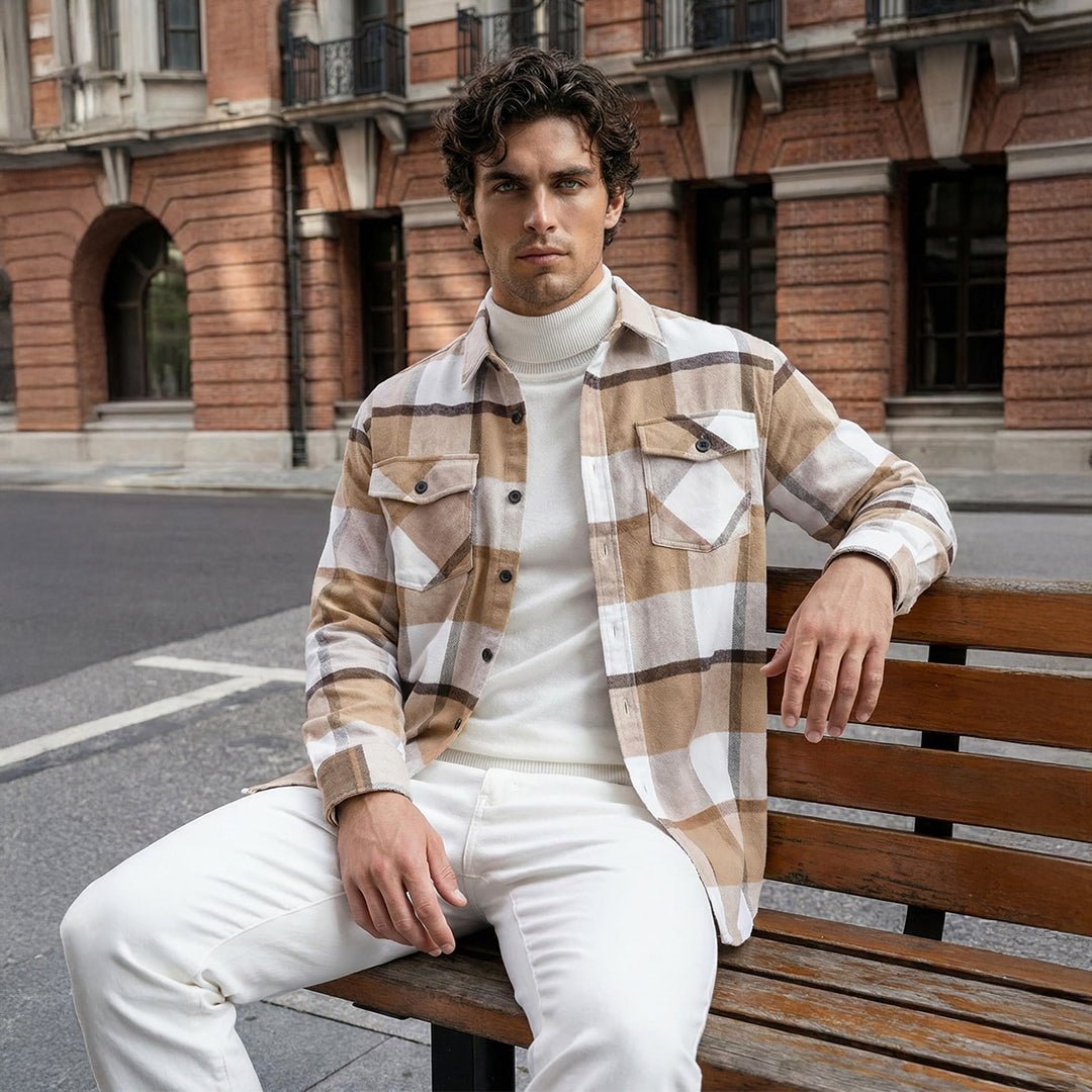 TACVASEN Beige Men's Warm Brushed Fleece Button Down Casual Flannel Shirt