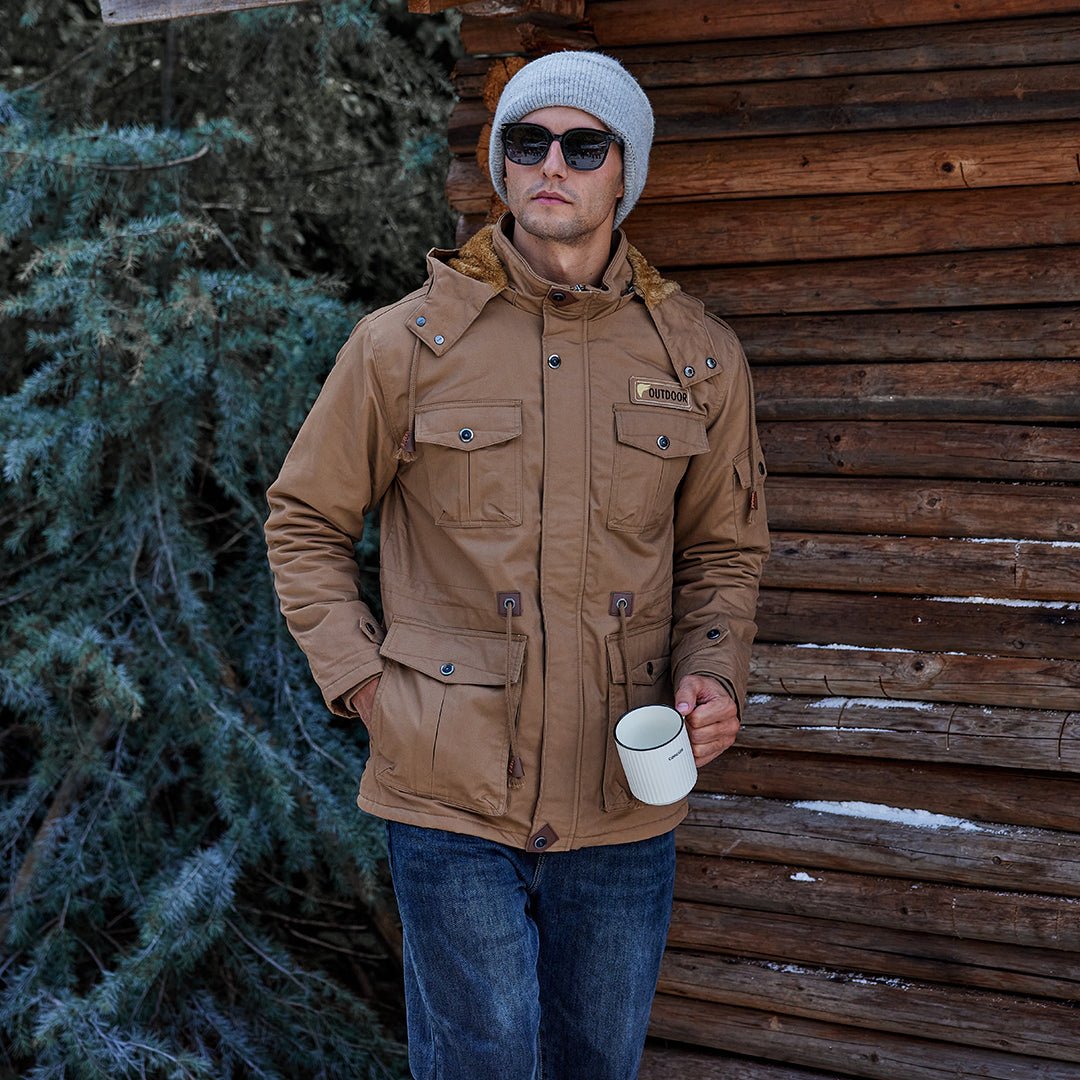TACVASEN Khaki Men??s Fleece Lined Cargo Jacket Warm Coat with Hood