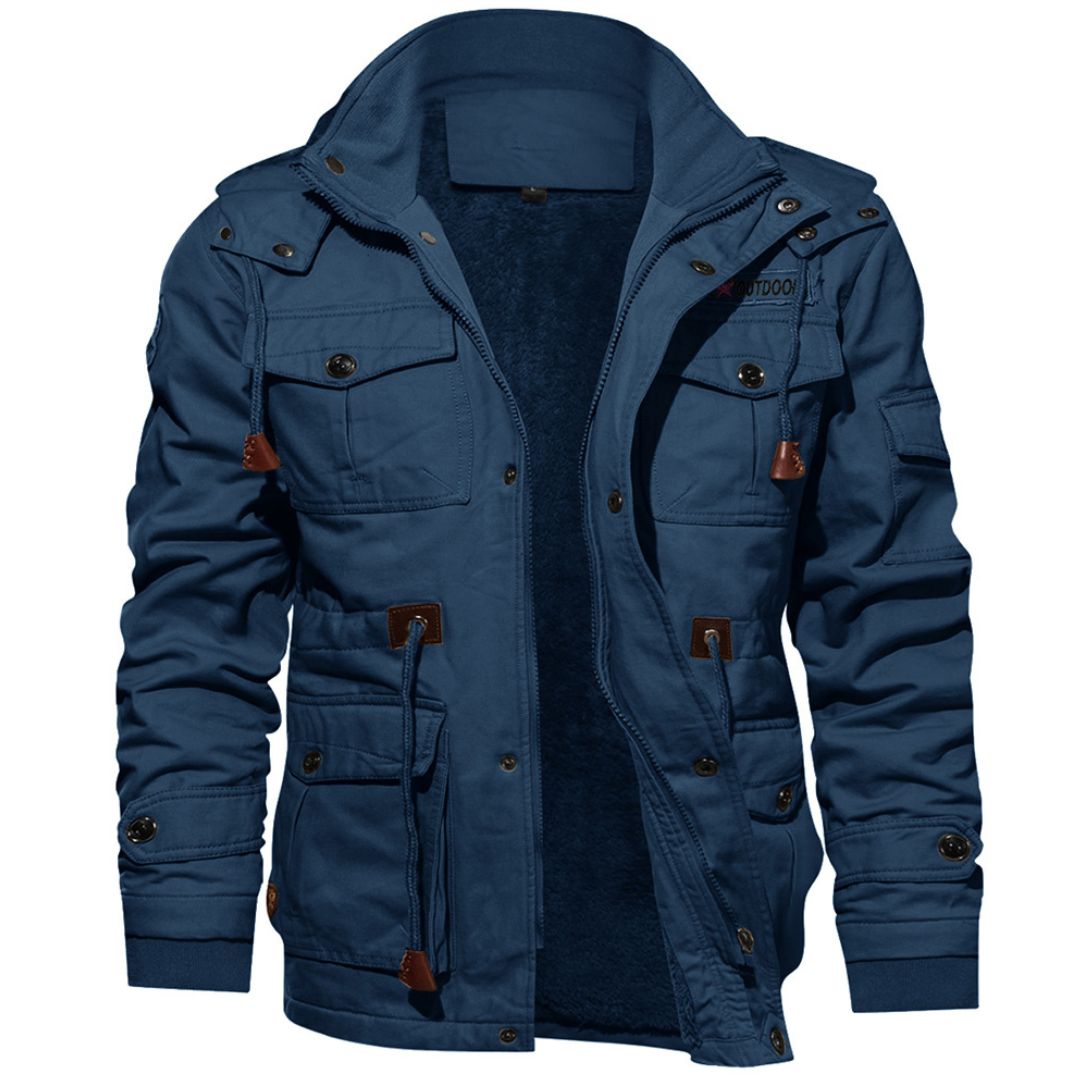 TACVASEN Denim Blue Men??s Fleece Lined Cargo Jacket Warm Coat with Hood