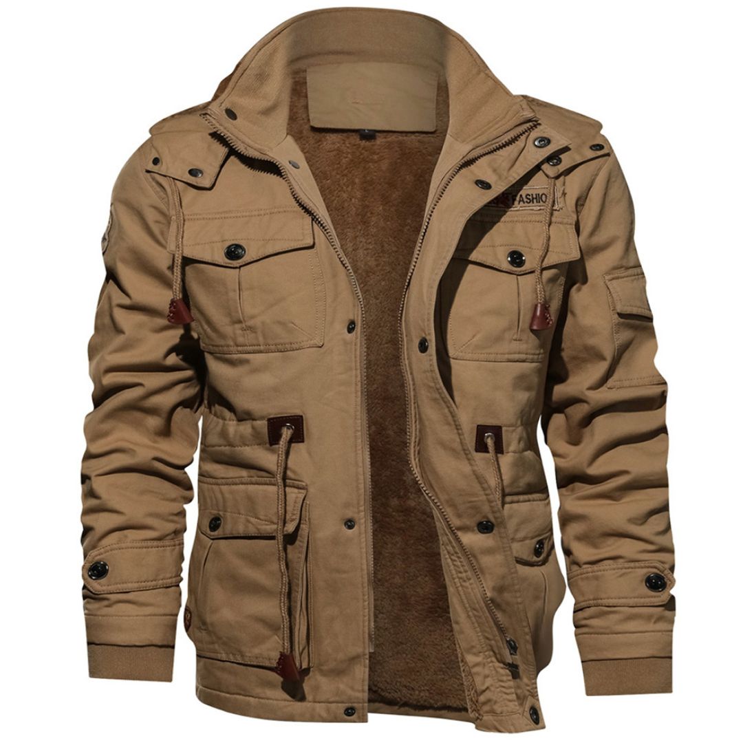 TACVASEN Khaki Men??s Fleece Lined Cargo Jacket Warm Coat with Hood
