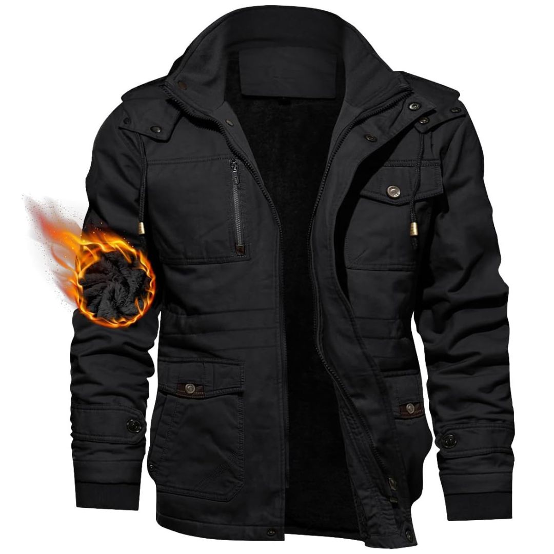 TACVASEN Black Men's Winter Fleece Lined Cargo Jackets with Hood