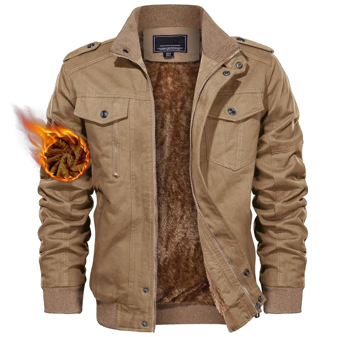 TACVASEN Khaki Men's Fleece Lined Cotton Casual Cargo Bomber Jacket