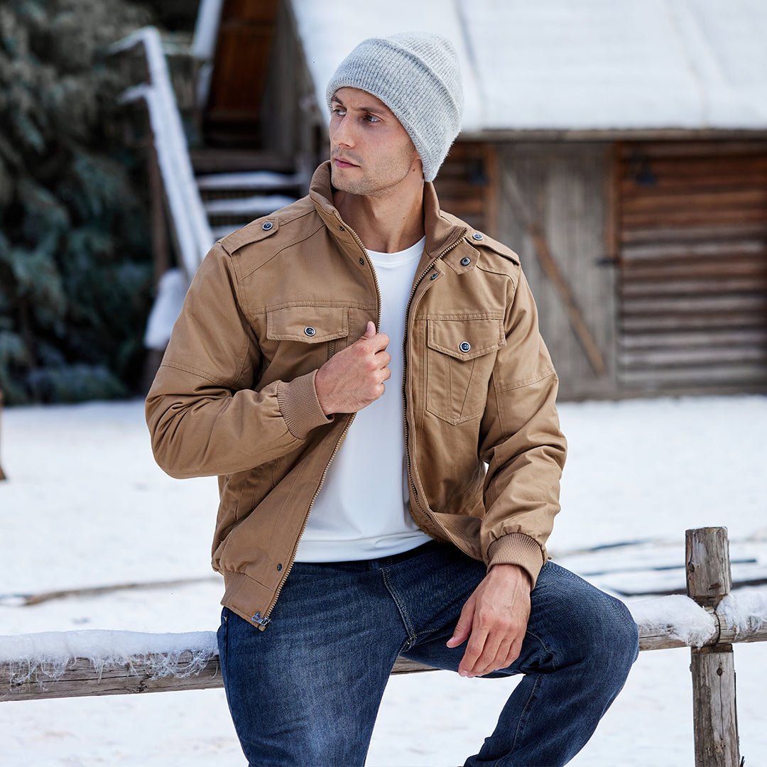 TACVASEN Khaki Men's Fleece Lined Cotton Casual Cargo Bomber Jacket
