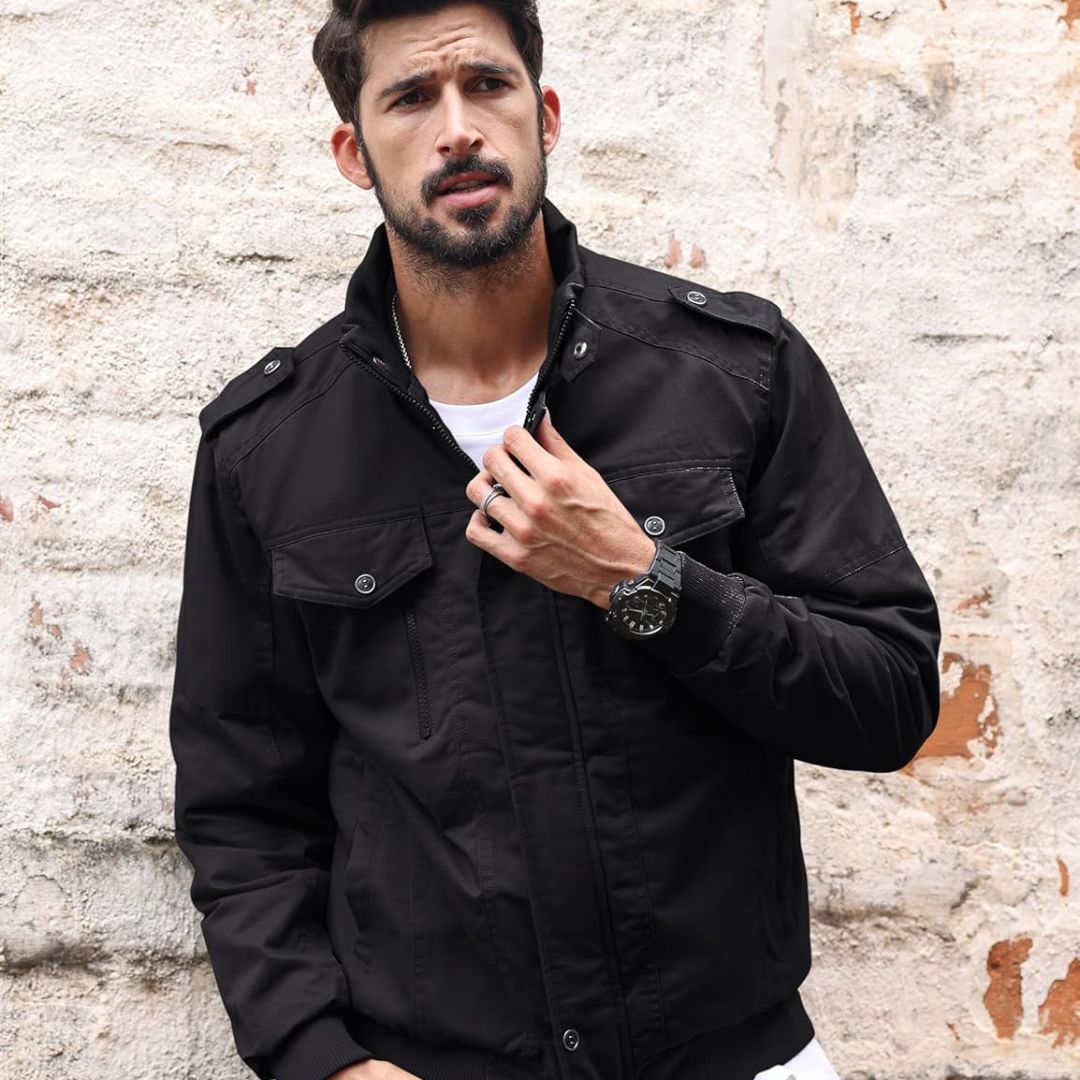 TACVASEN Black Men's Fleece Lined Cotton Casual Cargo Bomber Jacket