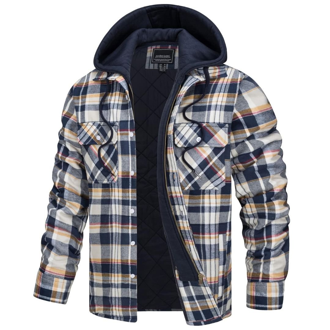 TACVASEN Yellow Men's Quilted Plaid Flannel Detachable Hooded Jacket