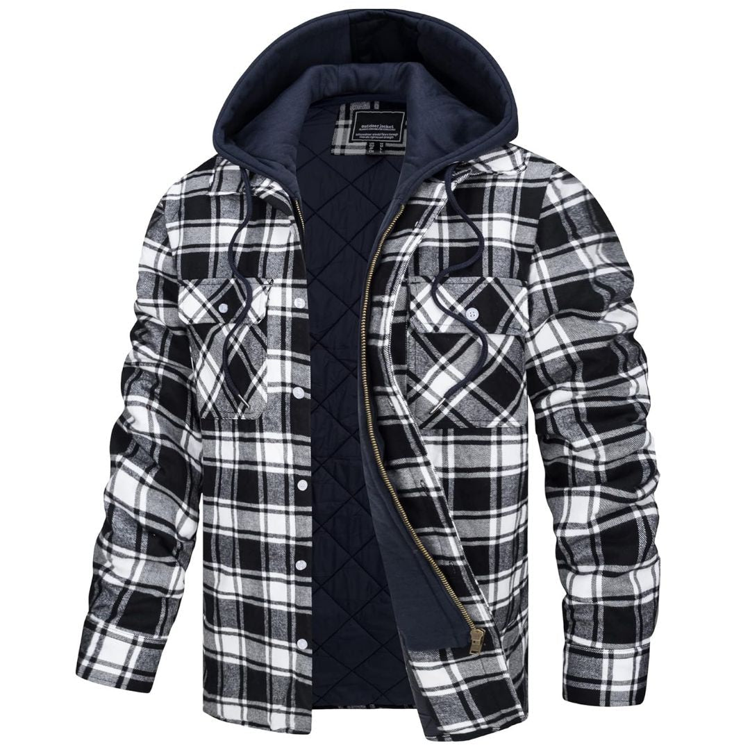 TACVASEN Black White Men's Quilted Plaid Flannel Detachable Hooded Jacket