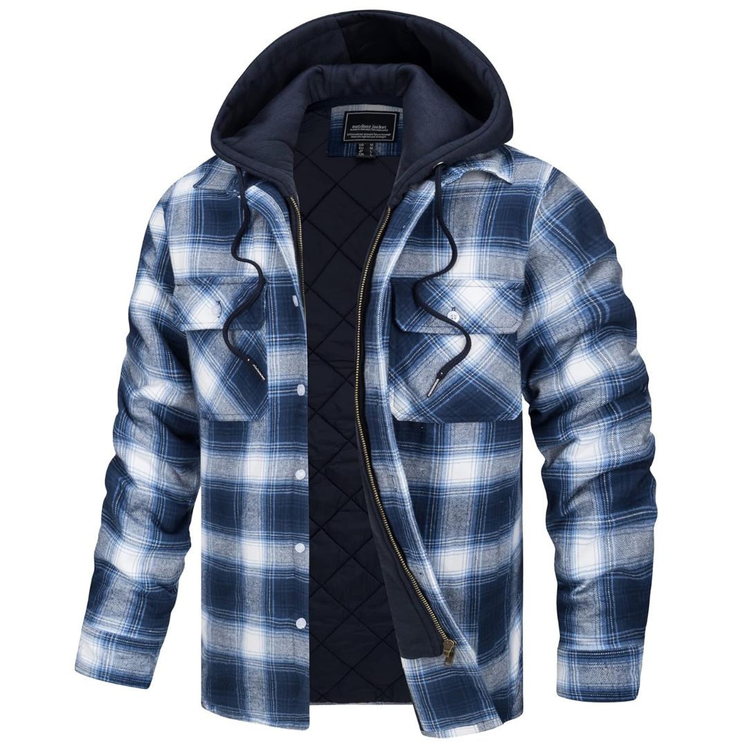 TACVASEN Blue White Men's Quilted Plaid Flannel Detachable Hooded Jacket