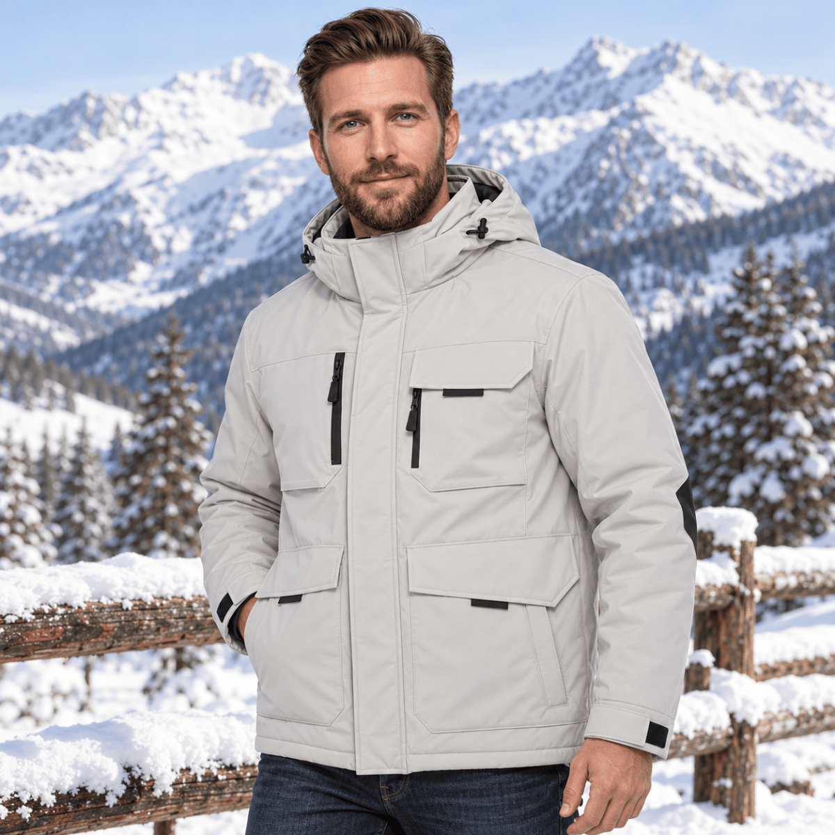 TACVASEN Light Grey Men's Winter Waterproof Ski Jacket With 7 Pockets
