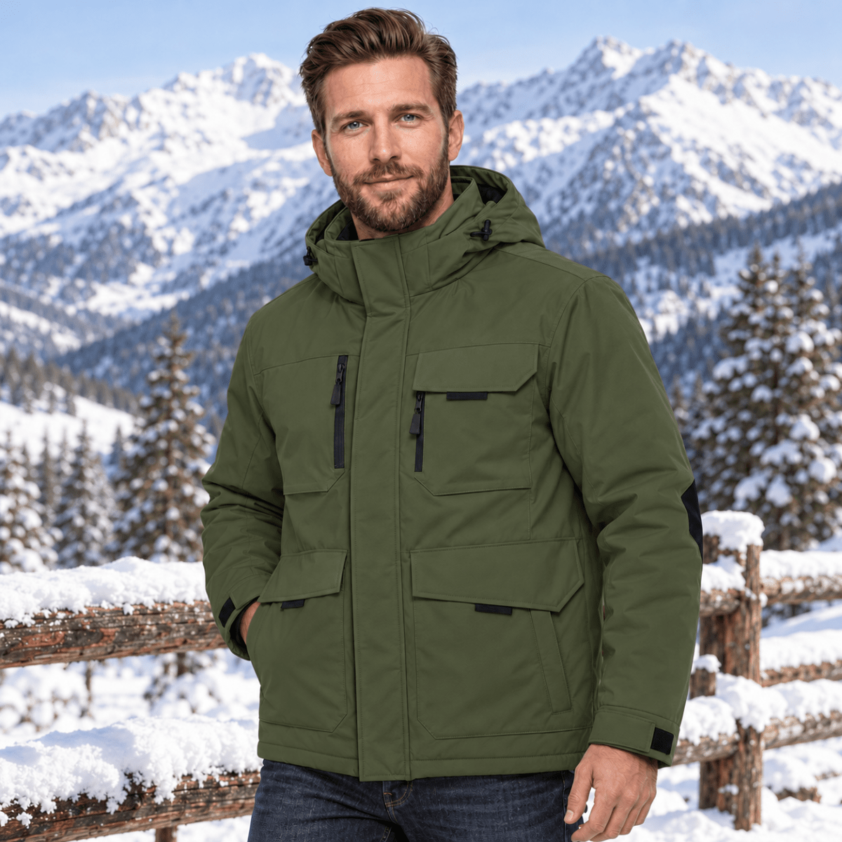 TACVASEN Army Green Men's Winter Waterproof Ski Jacket With 7 Pockets
