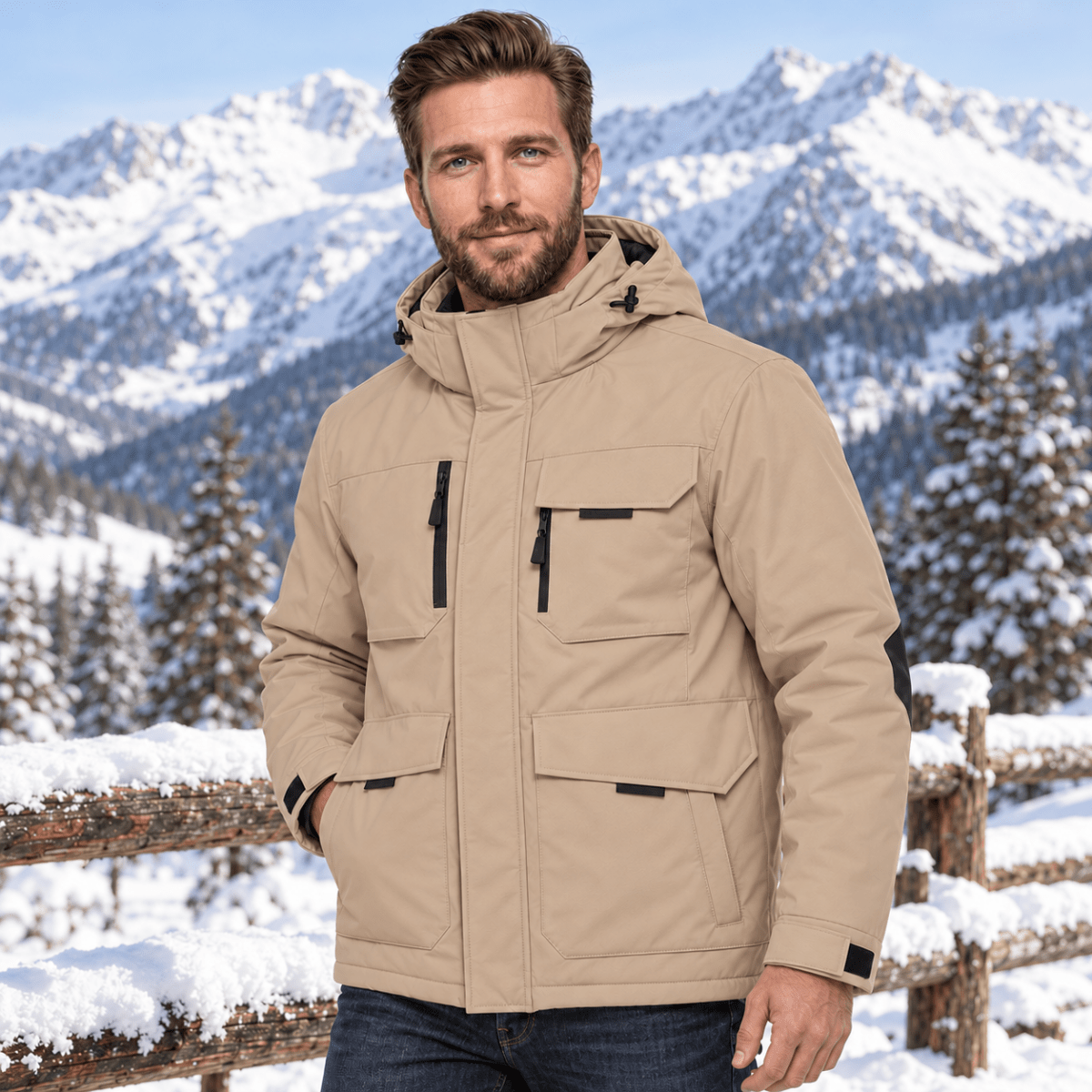 TACVASEN Khaki Men's Winter Waterproof Ski Jacket With 7 Pockets