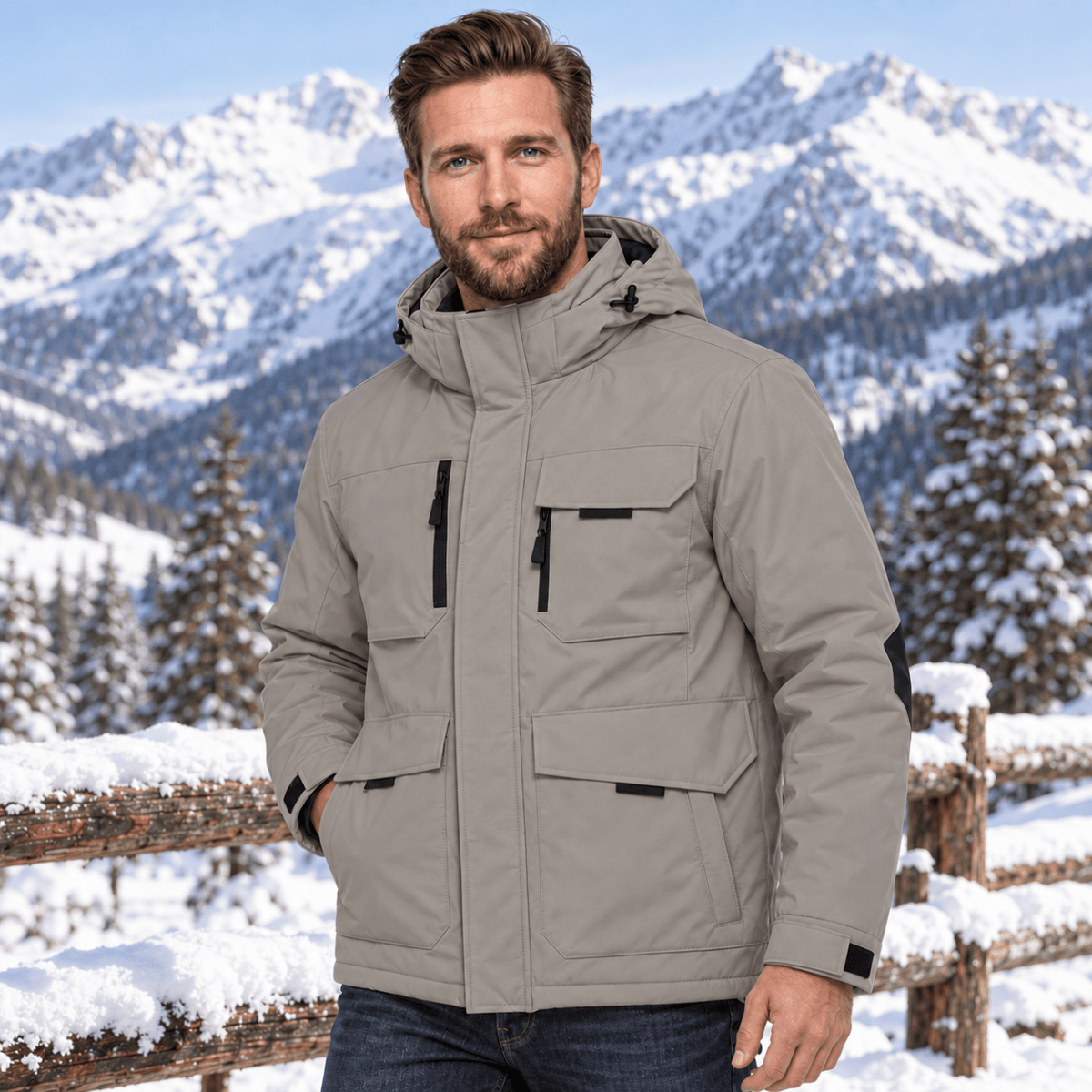 TACVASEN Medium Grey Men's Winter Waterproof Ski Jacket With 7 Pockets