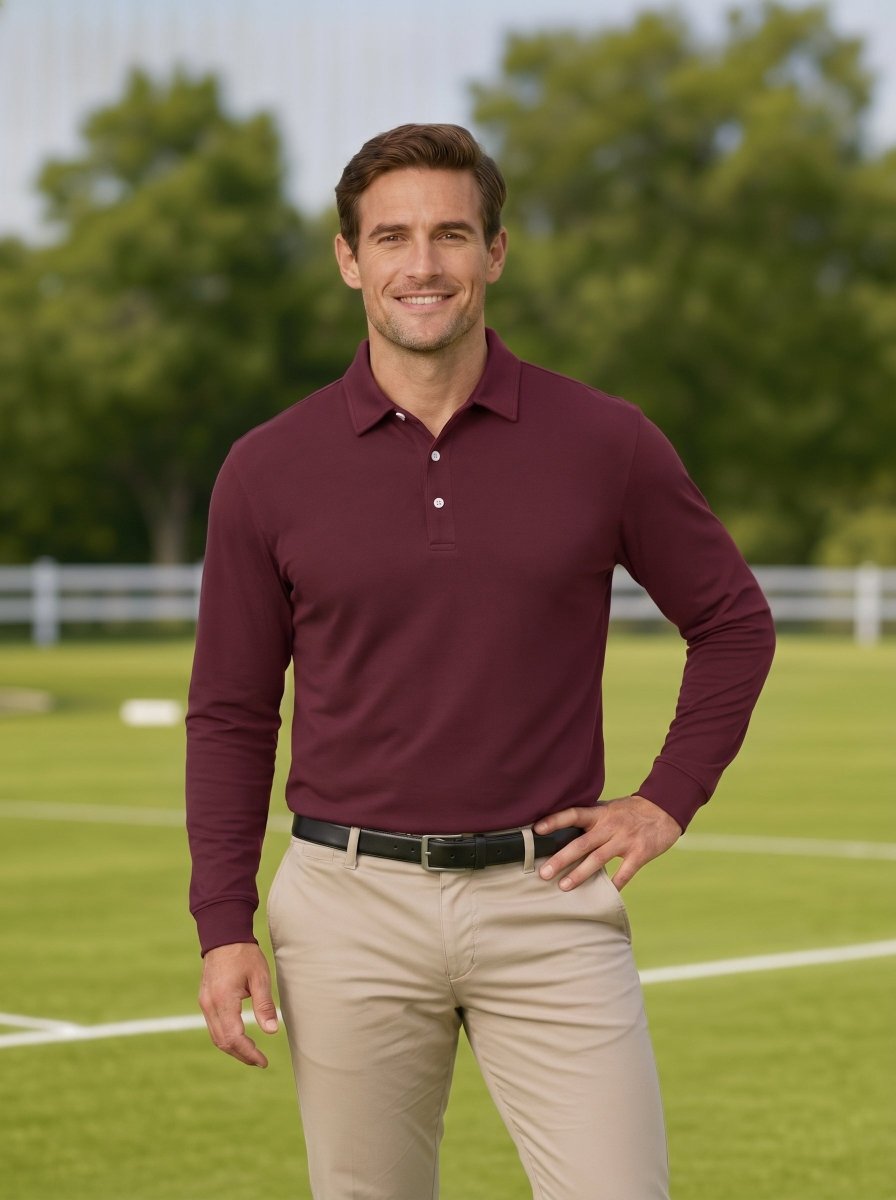 TACVASEN Wine Red Quick-Dry Long Sleeve Polo Shirt for Golf & Work