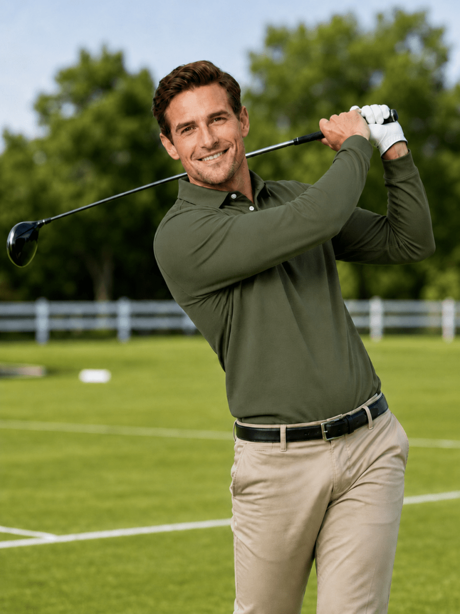 TACVASEN Army Green Quick-Dry Long Sleeve Polo Shirt for Golf & Work