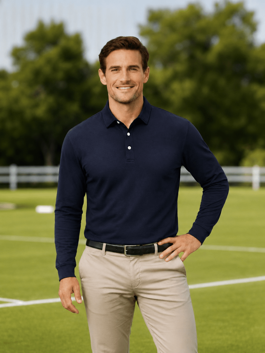 TACVASEN Navy Quick-Dry Long Sleeve Polo Shirt for Golf & Work