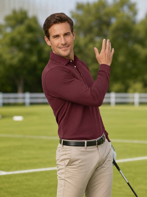 TACVASEN Wine Red Quick-Dry Long Sleeve Polo Shirt for Golf & Work