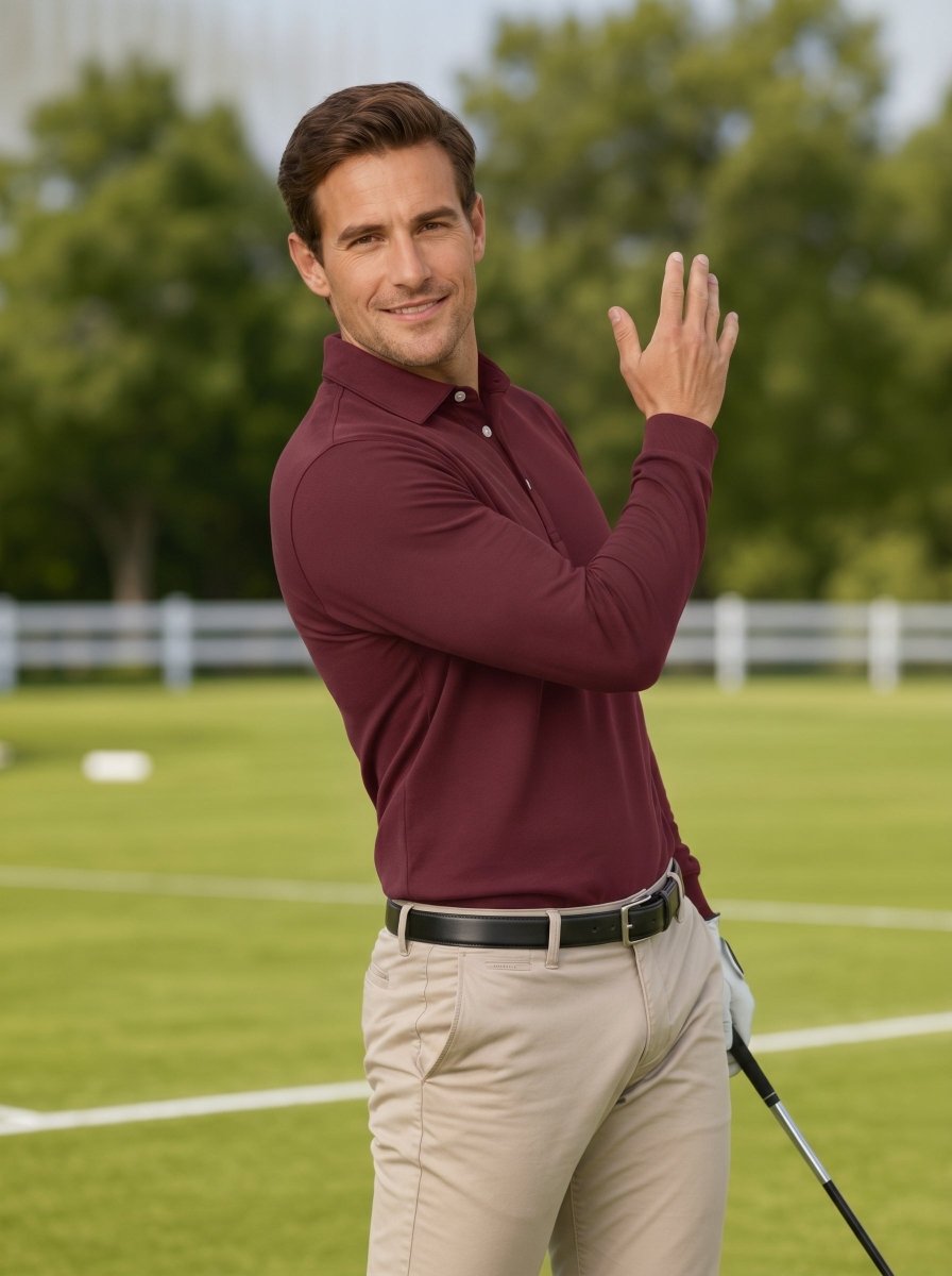 TACVASEN Wine Red Quick-Dry Long Sleeve Polo Shirt for Golf & Work