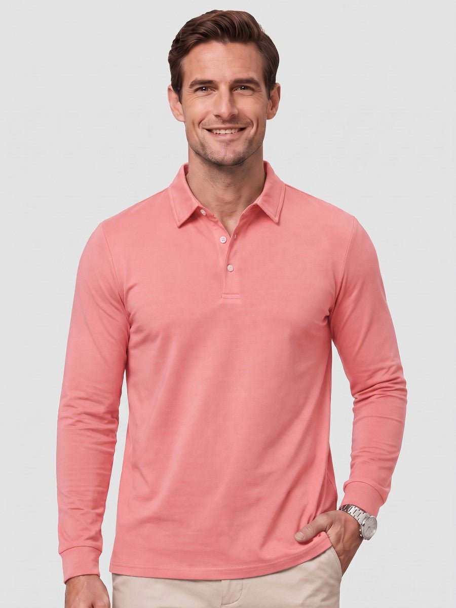 TACVASEN Grey Pink Quick-Dry Long Sleeve Polo Shirt for Golf & Work