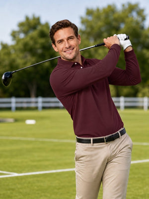 TACVASEN Wine Red Quick-Dry Long Sleeve Polo Shirt for Golf & Work