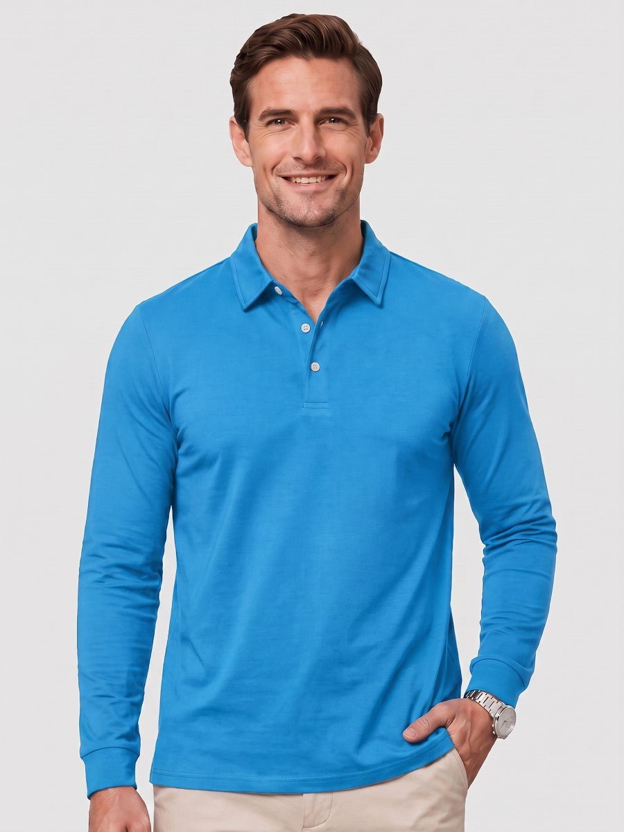TACVASEN Blue Green Quick-Dry Long Sleeve Polo Shirt for Golf & Work