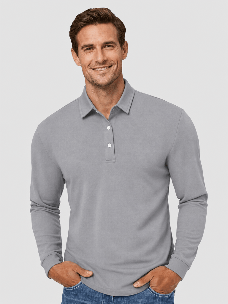TACVASEN Light Grey Quick-Dry Long Sleeve Polo Shirt for Golf & Work