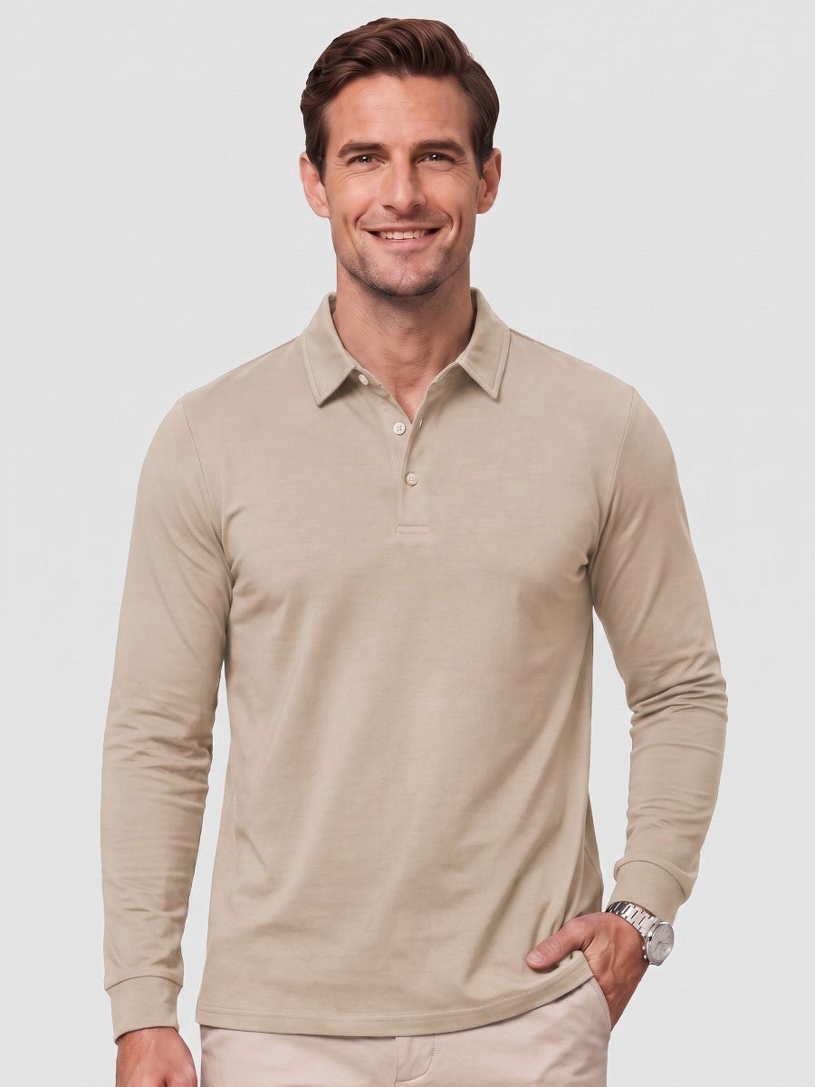 TACVASEN Khaki Quick-Dry Long Sleeve Polo Shirt for Golf & Work