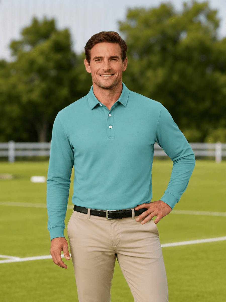 TACVASEN Grey Green Quick-Dry Long Sleeve Polo Shirt for Golf & Work