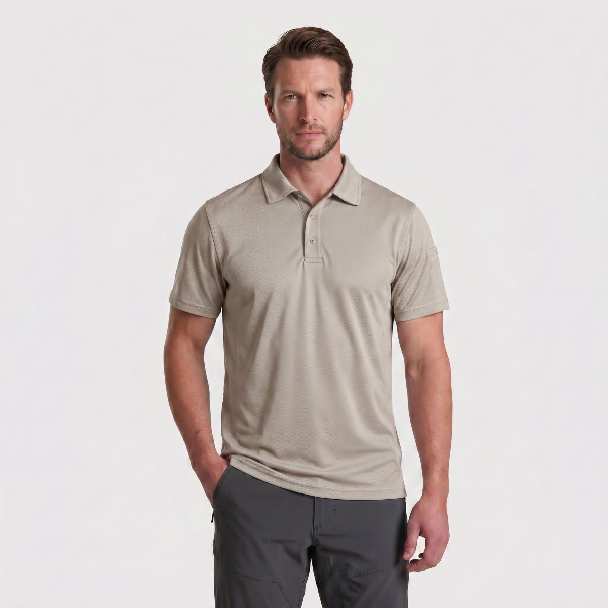 TACVASEN Khaki Quick Dry Tactical Polo Top Short Sleeve Shirt