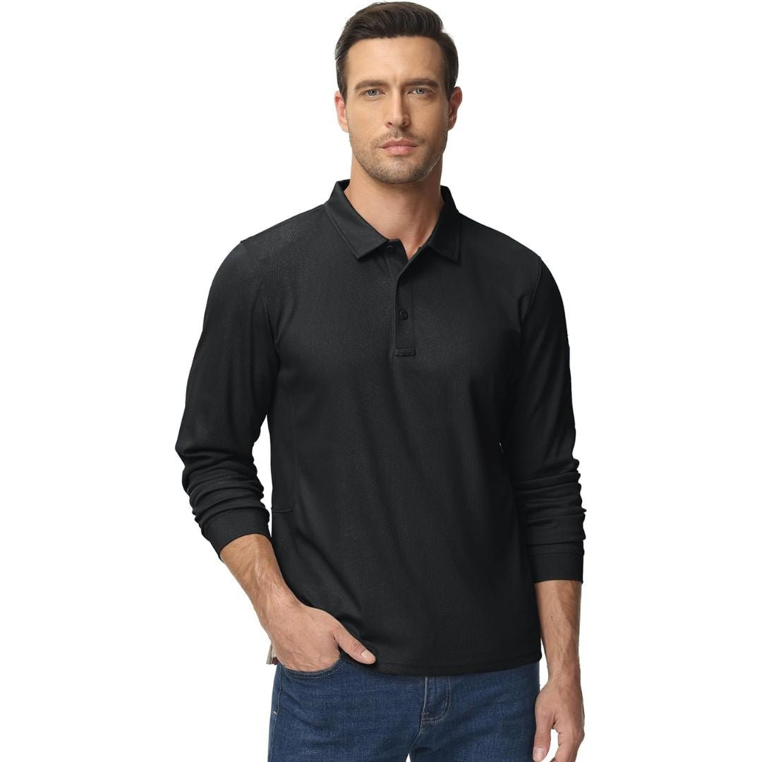 TACVASEN Black Long Sleeve Quick Dry Tactical Performance Polo Shirt