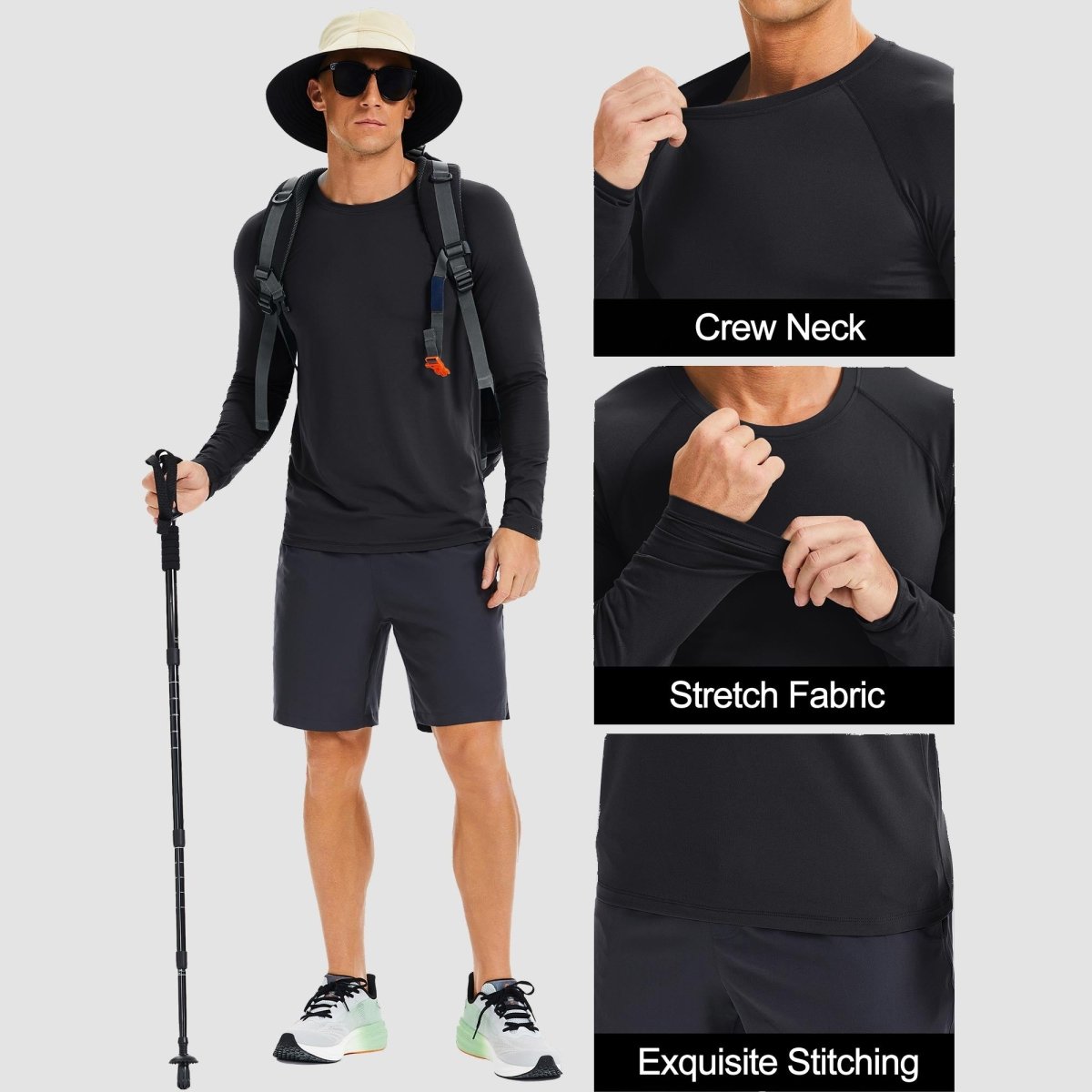 TACVASEN Black UPF 50+ Lightweight Quick Dry Outdoor Tee
