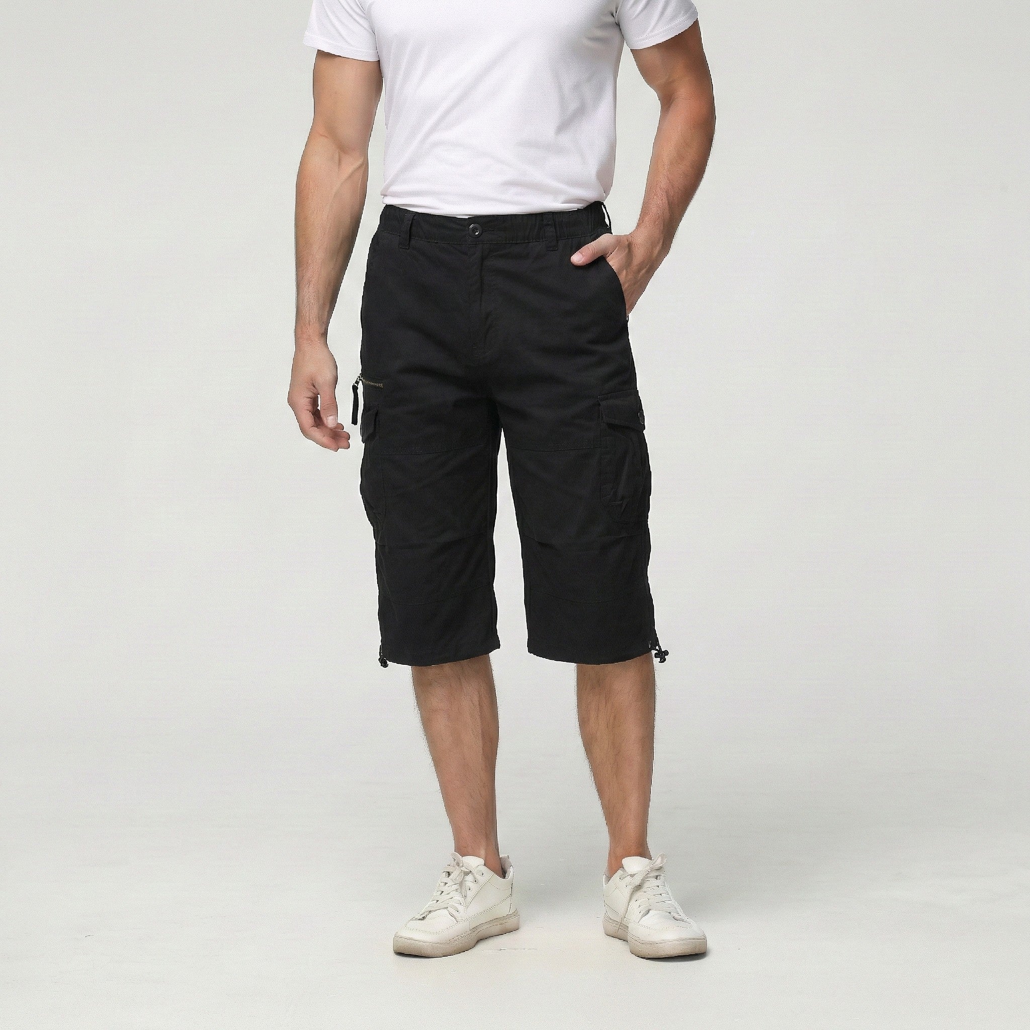 TACVASEN Black Utility Cargo Shorts 3/4 Length Cotton Pants