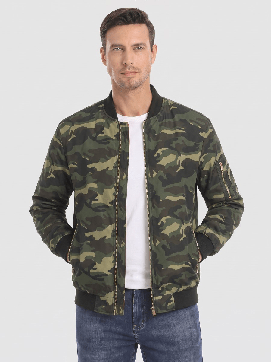TACVASEN Army Green Camouflage Vintage Bomber Jacket Padded Lined Coat