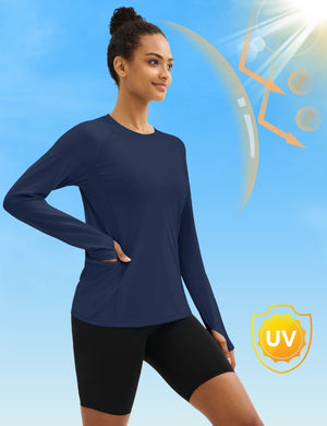 TACVASEN Navy Women Long Sleeve Athletic Yoga UPF 50+ Tops