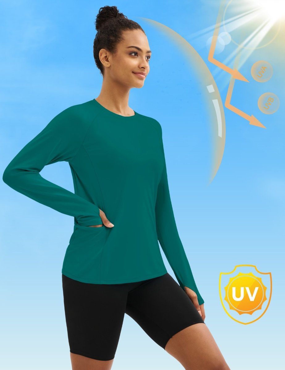 TACVASEN Emerald Green Women Long Sleeve Athletic Yoga UPF 50+ Tops