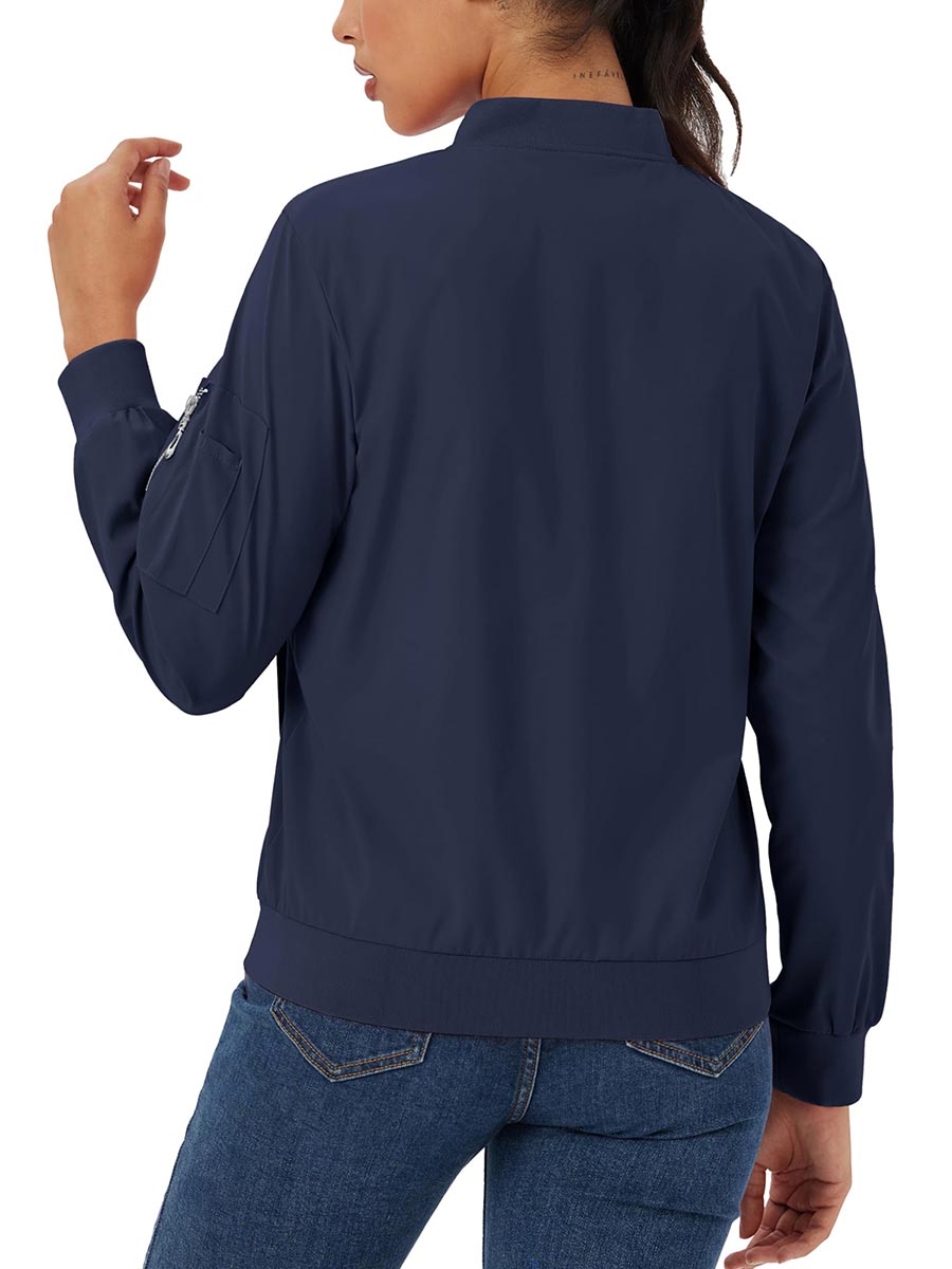 TACVASEN Navy Women's 4-Pocket Lightweight Casual Windproof Full-Zip Bomber Jacket